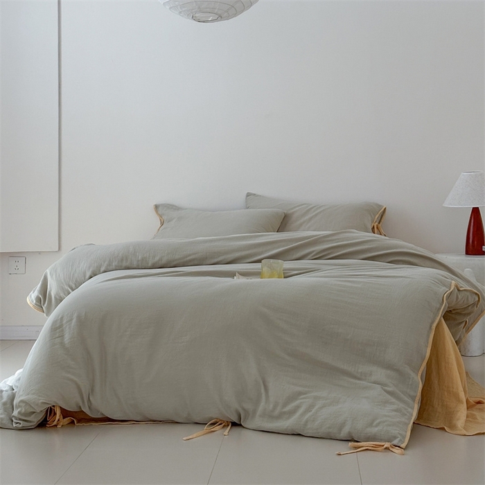 91家纺网 家纺一手货源 找家纺 FORTWO家纺原创设计（FOR TWO家纺） 2025新款双层纱撞色包边蝴蝶结款四件套-海盐 海盐-蜜豆绿