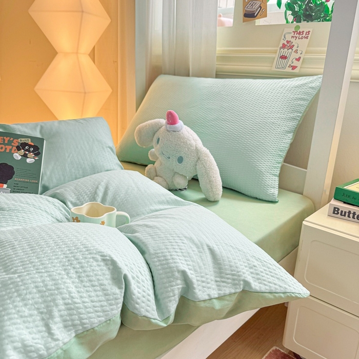 91家纺网 家纺一手货源 找家纺 麒东家纺 2025新款圆豆纱华夫格学生三件套 绿色