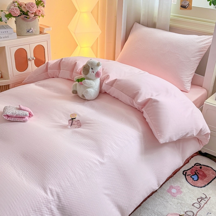 91家纺网 家纺一手货源 找家纺 麒东家纺 2025新款圆豆纱华夫格学生三件套 粉色