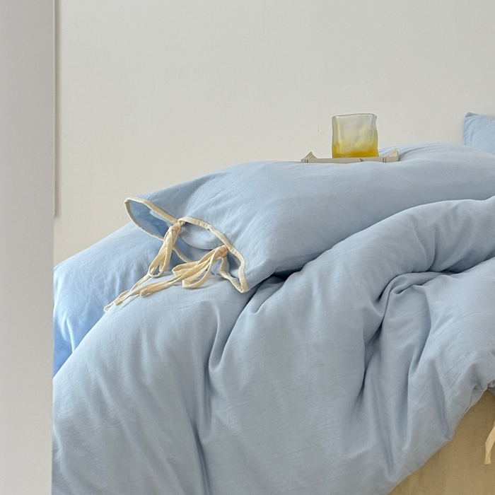 91家纺网 家纺一手货源 找家纺 （总）FORTWO家纺原创设计（FOR TWO家纺） 2025新款双层纱撞色包边蝴蝶结款四件套-海盐