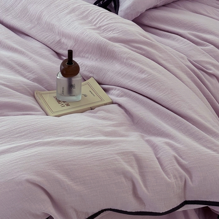 91家纺网 家纺一手货源 找家纺 FORTWO家纺原创设计（FOR TWO家纺） 2025新款双层纱撞色包边蝴蝶结款四件套-海盐 海盐-樱落紫