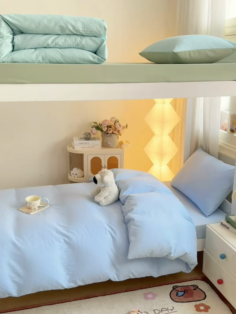 91家纺网 家纺一手货源 找家纺 麒东家纺 2025新款圆豆纱华夫格学生三件套 蓝色