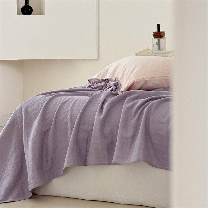 91家纺网 家纺一手货源 找家纺 FORTWO家纺原创设计（FOR TWO家纺） 2025新款双层纱撞色包边蝴蝶结款四件套-海盐 海盐-竹桃粉