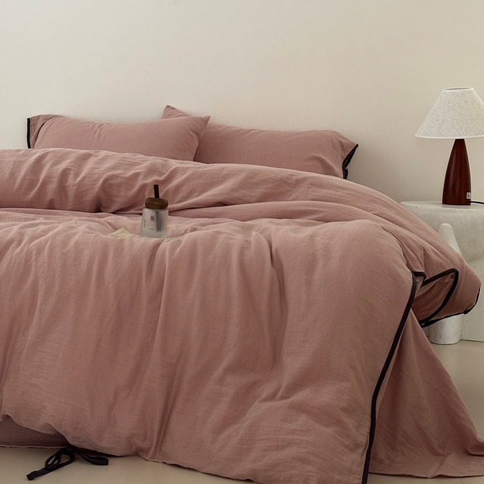 91家纺网 家纺一手货源 找家纺 FORTWO家纺原创设计（FOR TWO家纺） 2025新款双层纱撞色包边蝴蝶结款四件套-海盐 海盐-红茶