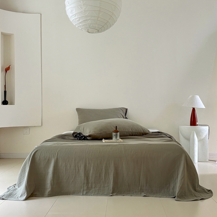 91家纺网 家纺一手货源 找家纺 FORTWO家纺原创设计（FOR TWO家纺） 2025新款双层纱撞色包边蝴蝶结款四件套-海盐 海盐-青石绿