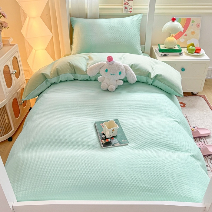 91家纺网 家纺一手货源 找家纺 麒东家纺 2025新款圆豆纱华夫格学生三件套 绿色