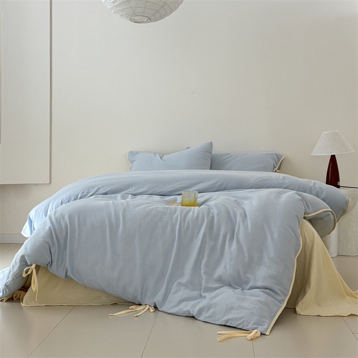 91家纺网 家纺一手货源 找家纺 FORTWO家纺原创设计（FOR TWO家纺） 2025新款双层纱撞色包边蝴蝶结款四件套-海盐 海盐-水蓝