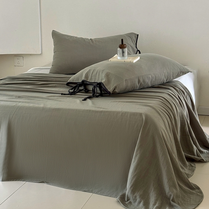 91家纺网 家纺一手货源 找家纺 FORTWO家纺原创设计（FOR TWO家纺） 2025新款双层纱撞色包边蝴蝶结款四件套-海盐 海盐-青石绿