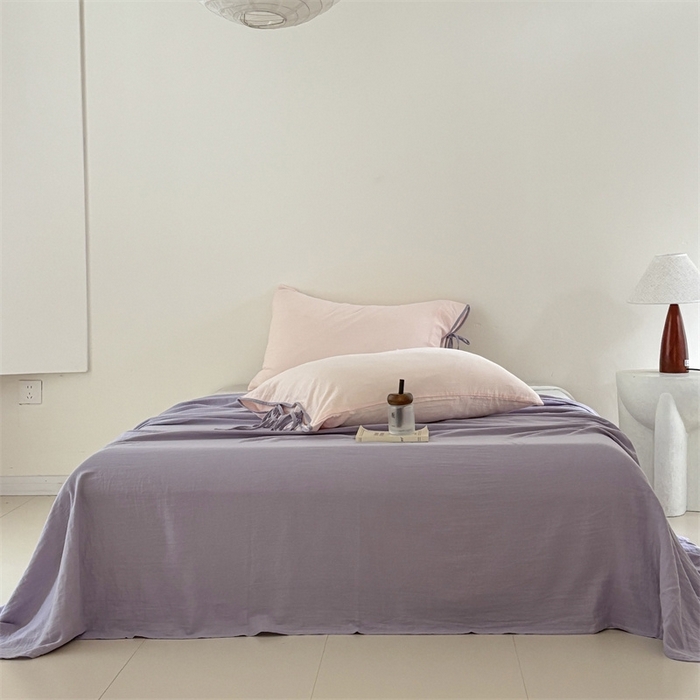 91家纺网 家纺一手货源 找家纺 FORTWO家纺原创设计（FOR TWO家纺） 2025新款双层纱撞色包边蝴蝶结款四件套-海盐 海盐-竹桃粉