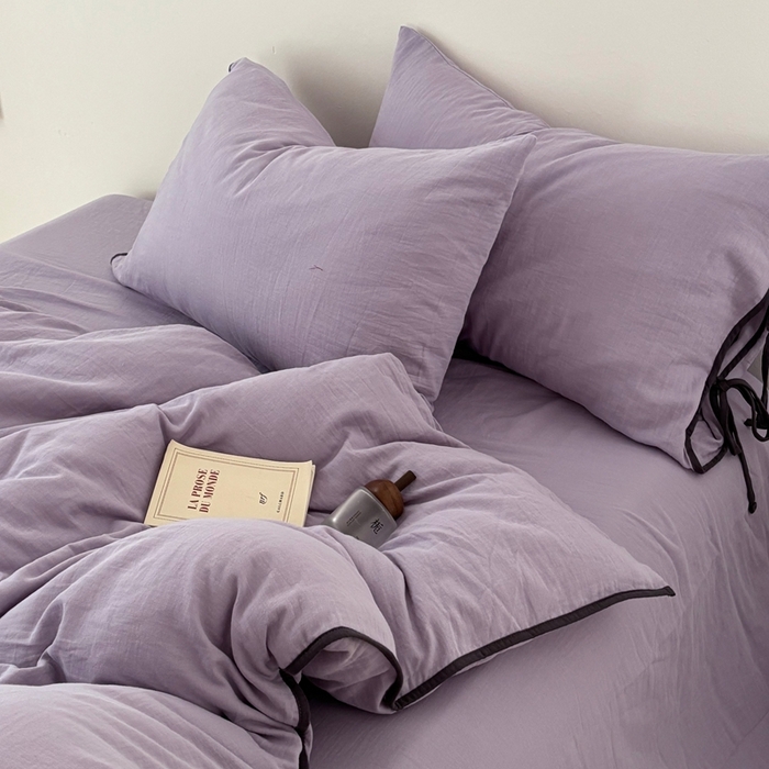 91家纺网 家纺一手货源 找家纺 FORTWO家纺原创设计（FOR TWO家纺） 2025新款双层纱撞色包边蝴蝶结款四件套-海盐 海盐-木槿紫