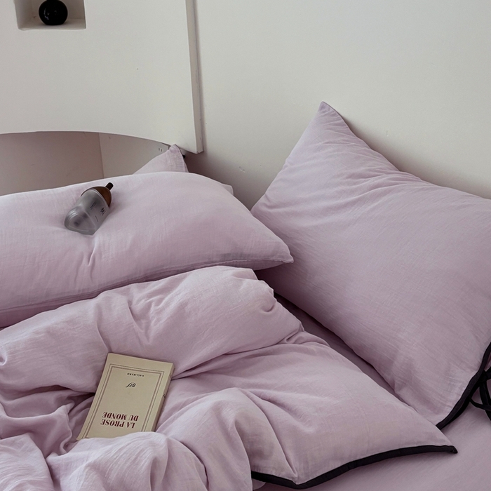 91家纺网 家纺一手货源 找家纺 FORTWO家纺原创设计（FOR TWO家纺） 2025新款双层纱撞色包边蝴蝶结款四件套-海盐 海盐-樱落紫