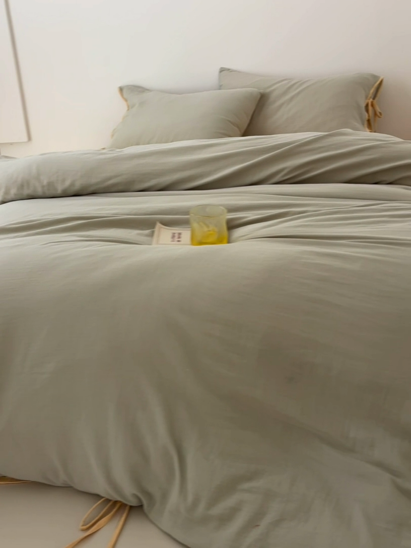 91家纺网 家纺一手货源 找家纺 FORTWO家纺原创设计（FOR TWO家纺） 2025新款双层纱撞色包边蝴蝶结款四件套-海盐 海盐-蜜豆绿