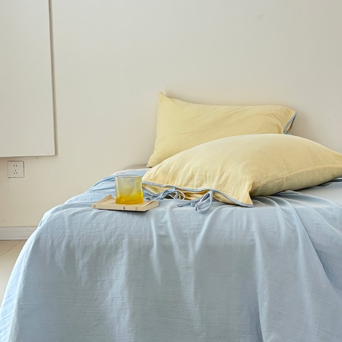 91家纺网 家纺一手货源 找家纺 FORTWO家纺原创设计（FOR TWO家纺） 2025新款双层纱撞色包边蝴蝶结款四件套-海盐 海盐-香草黄