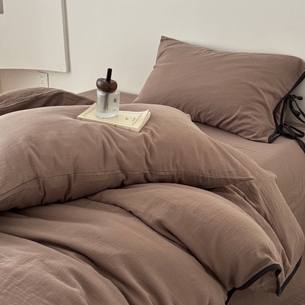 FORTWO家纺原创设计（FOR TWO家纺） 2025新款双层纱撞色包边蝴蝶结款四件套-海盐 海盐-黑巧