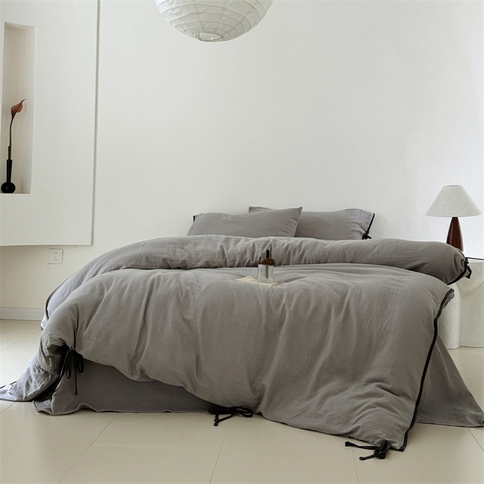 91家纺网 家纺一手货源 找家纺 FORTWO家纺原创设计（FOR TWO家纺） 2025新款双层纱撞色包边蝴蝶结款四件套-海盐 海盐-冰川灰