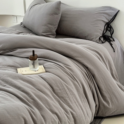 FORTWO家纺原创设计（FOR TWO家纺） 2025新款双层纱撞色包边蝴蝶结款四件套-海盐 海盐-冰川灰