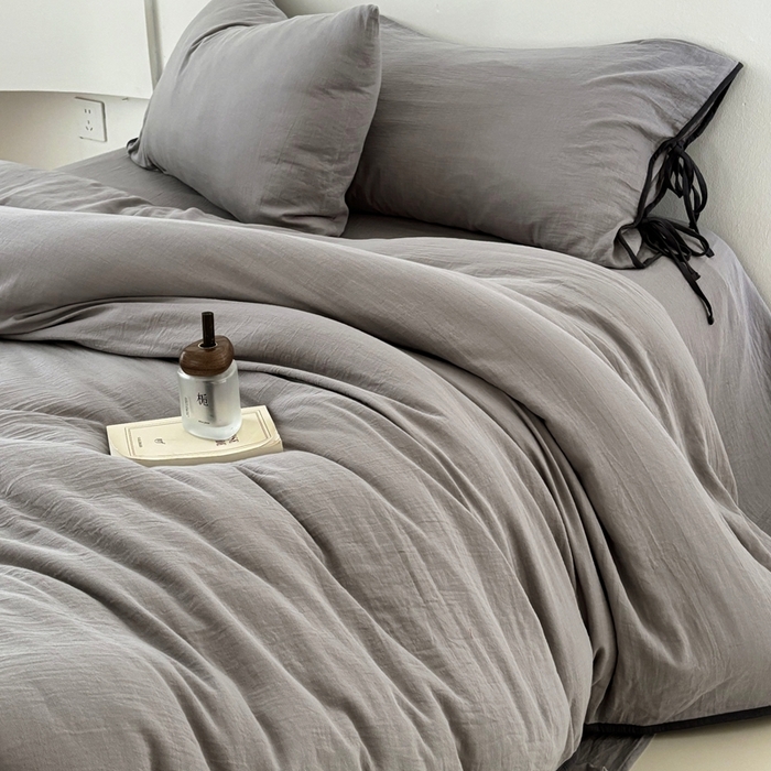 91家纺网 家纺一手货源 找家纺 FORTWO家纺原创设计（FOR TWO家纺） 2025新款双层纱撞色包边蝴蝶结款四件套-海盐 海盐-冰川灰