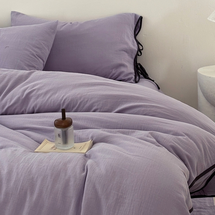 91家纺网 家纺一手货源 找家纺 FORTWO家纺原创设计（FOR TWO家纺） 2025新款双层纱撞色包边蝴蝶结款四件套-海盐 海盐-木槿紫