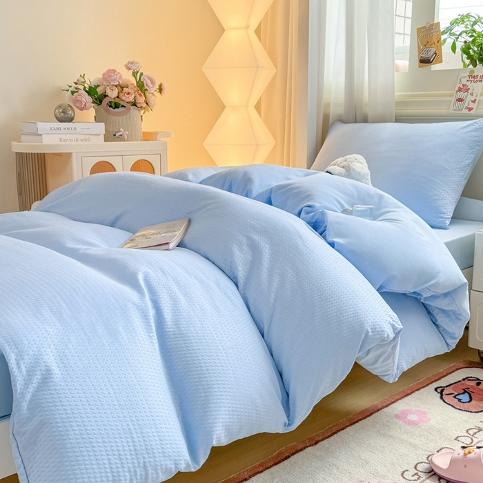 91家纺网 家纺一手货源 找家纺 （总）麒东家纺 2025新款圆豆纱华夫格学生三件套