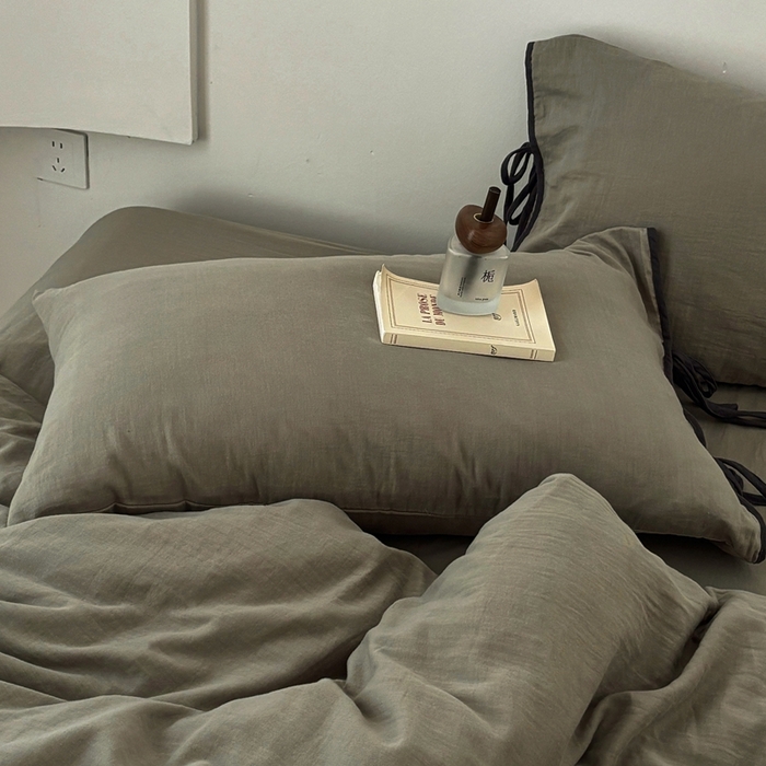 91家纺网 家纺一手货源 找家纺 FORTWO家纺原创设计（FOR TWO家纺） 2025新款双层纱撞色包边蝴蝶结款四件套-海盐 海盐-青石绿