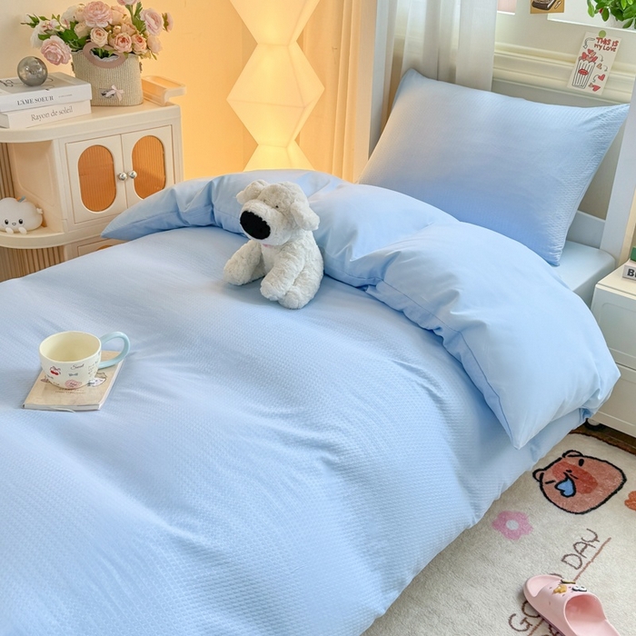 91家纺网 家纺一手货源 找家纺 （总）麒东家纺 2025新款圆豆纱华夫格学生三件套