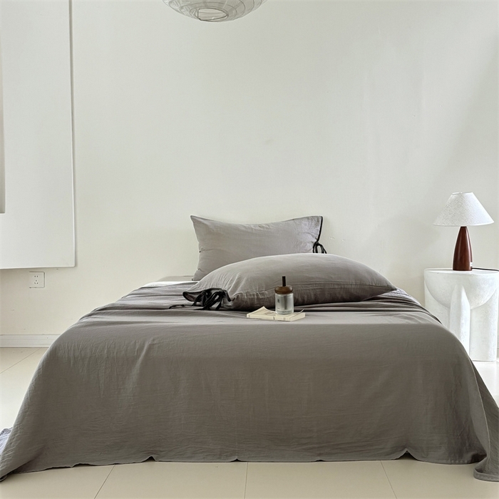 91家纺网 家纺一手货源 找家纺 FORTWO家纺原创设计（FOR TWO家纺） 2025新款双层纱撞色包边蝴蝶结款四件套-海盐 海盐-冰川灰