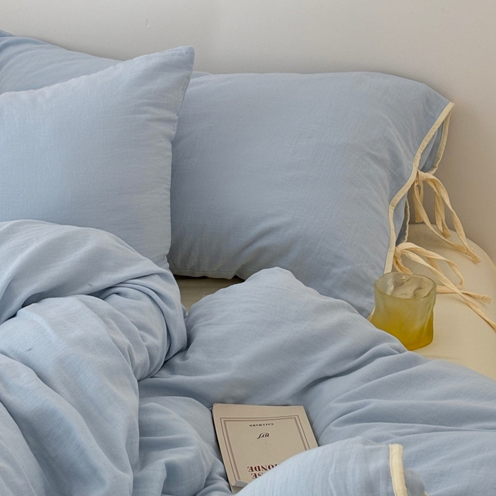 91家纺网 家纺一手货源 找家纺 FORTWO家纺原创设计（FOR TWO家纺） 2025新款双层纱撞色包边蝴蝶结款四件套-海盐 海盐-水蓝