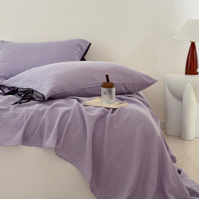 91家纺网 家纺一手货源 找家纺 FORTWO家纺原创设计（FOR TWO家纺） 2025新款双层纱撞色包边蝴蝶结款四件套-海盐 海盐-木槿紫