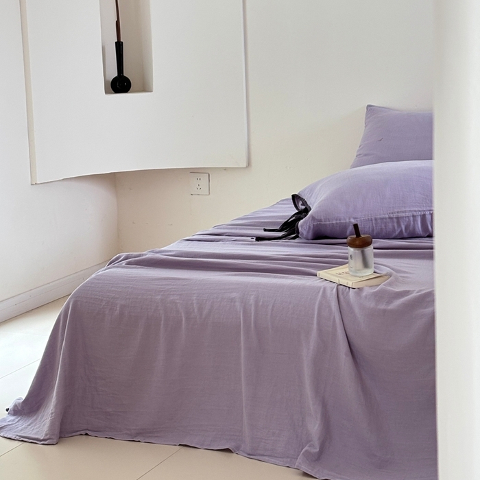 91家纺网 家纺一手货源 找家纺 FORTWO家纺原创设计（FOR TWO家纺） 2025新款双层纱撞色包边蝴蝶结款四件套-海盐 海盐-木槿紫