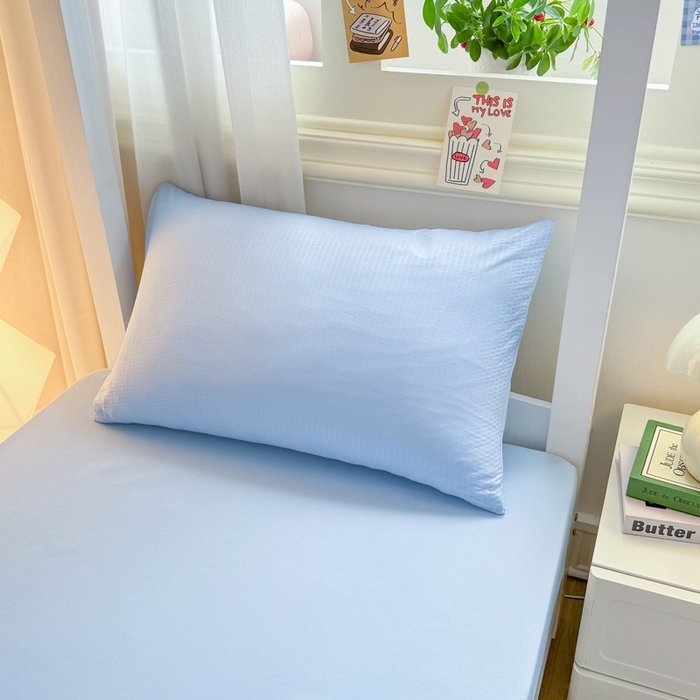 91家纺网 家纺一手货源 找家纺 麒东家纺 2025新款圆豆纱华夫格学生三件套 蓝色