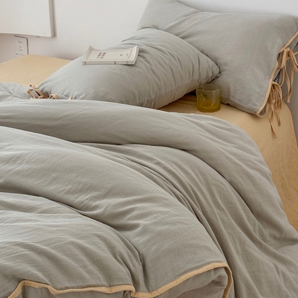 91家纺网 家纺一手货源 找家纺 （总）FORTWO家纺原创设计（FOR TWO家纺） 2025新款双层纱撞色包边蝴蝶结款四件套-海盐