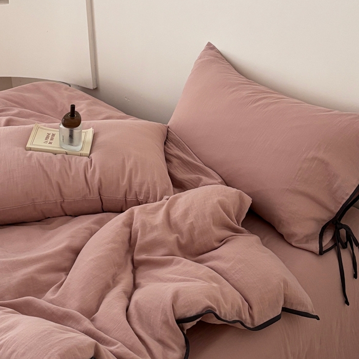 91家纺网 家纺一手货源 找家纺 FORTWO家纺原创设计（FOR TWO家纺） 2025新款双层纱撞色包边蝴蝶结款四件套-海盐 海盐-红茶