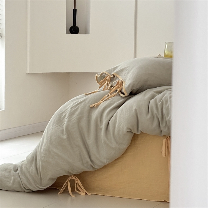 91家纺网 家纺一手货源 找家纺 FORTWO家纺原创设计（FOR TWO家纺） 2025新款双层纱撞色包边蝴蝶结款四件套-海盐 海盐-蜜豆绿