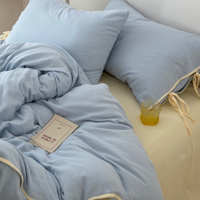 91家纺网 家纺一手货源 找家纺 FORTWO家纺原创设计（FOR TWO家纺） 2025新款双层纱撞色包边蝴蝶结款四件套-海盐 海盐-水蓝