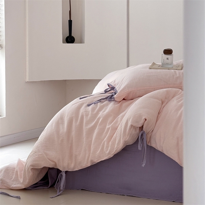 91家纺网 家纺一手货源 找家纺 FORTWO家纺原创设计（FOR TWO家纺） 2025新款双层纱撞色包边蝴蝶结款四件套-海盐 海盐-竹桃粉