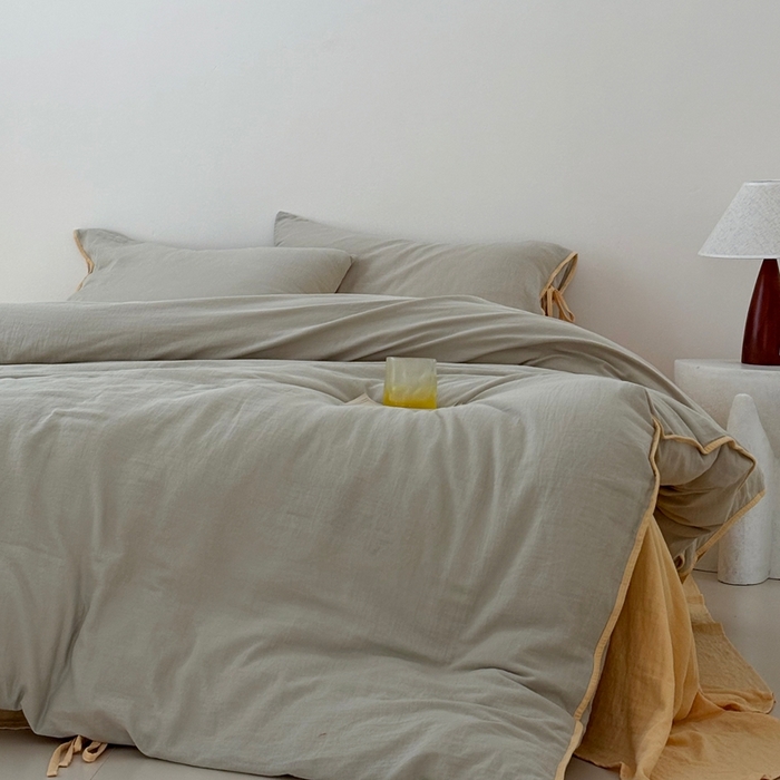 91家纺网 家纺一手货源 找家纺 FORTWO家纺原创设计（FOR TWO家纺） 2025新款双层纱撞色包边蝴蝶结款四件套-海盐 海盐-蜜豆绿