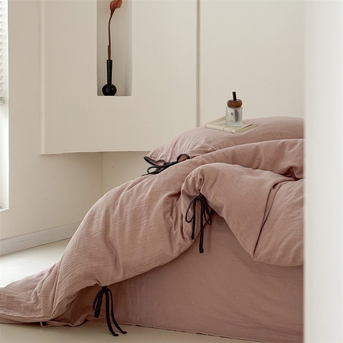 91家纺网 家纺一手货源 找家纺 FORTWO家纺原创设计（FOR TWO家纺） 2025新款双层纱撞色包边蝴蝶结款四件套-海盐 海盐-红茶