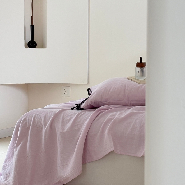 91家纺网 家纺一手货源 找家纺 FORTWO家纺原创设计（FOR TWO家纺） 2025新款双层纱撞色包边蝴蝶结款四件套-海盐 海盐-樱落紫