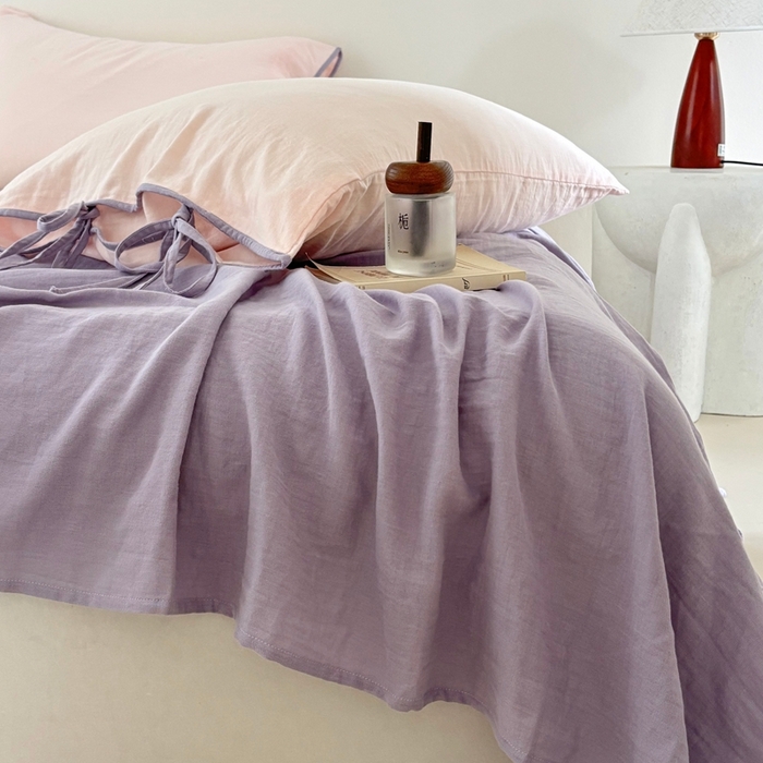 91家纺网 家纺一手货源 找家纺 FORTWO家纺原创设计（FOR TWO家纺） 2025新款双层纱撞色包边蝴蝶结款四件套-海盐 海盐-竹桃粉