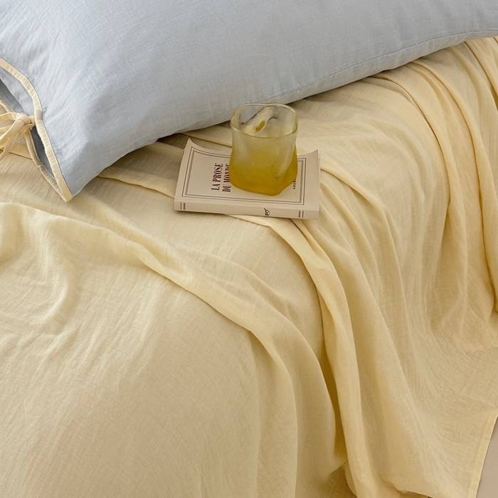 91家纺网 家纺一手货源 找家纺 （总）FORTWO家纺原创设计（FOR TWO家纺） 2025新款双层纱撞色包边蝴蝶结款四件套-海盐