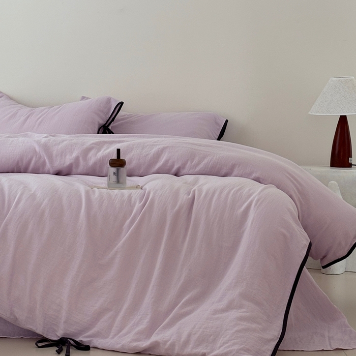 91家纺网 家纺一手货源 找家纺 FORTWO家纺原创设计（FOR TWO家纺） 2025新款双层纱撞色包边蝴蝶结款四件套-海盐 海盐-樱落紫