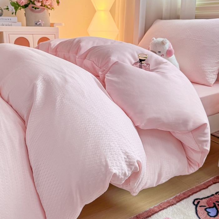 91家纺网 家纺一手货源 找家纺 麒东家纺 2025新款圆豆纱华夫格学生三件套 粉色