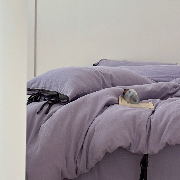 91家纺网 家纺一手货源 找家纺 FORTWO家纺原创设计（FOR TWO家纺） 2025新款双层纱撞色包边蝴蝶结款四件套-海盐 海盐-木槿紫