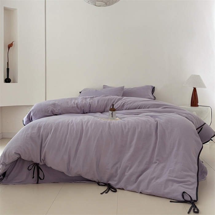 91家纺网 家纺一手货源 找家纺 FORTWO家纺原创设计（FOR TWO家纺） 2025新款双层纱撞色包边蝴蝶结款四件套-海盐 海盐-木槿紫