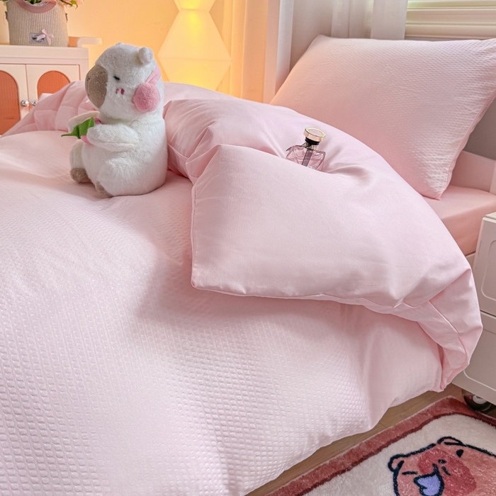 91家纺网 家纺一手货源 找家纺 麒东家纺 2025新款圆豆纱华夫格学生三件套 粉色