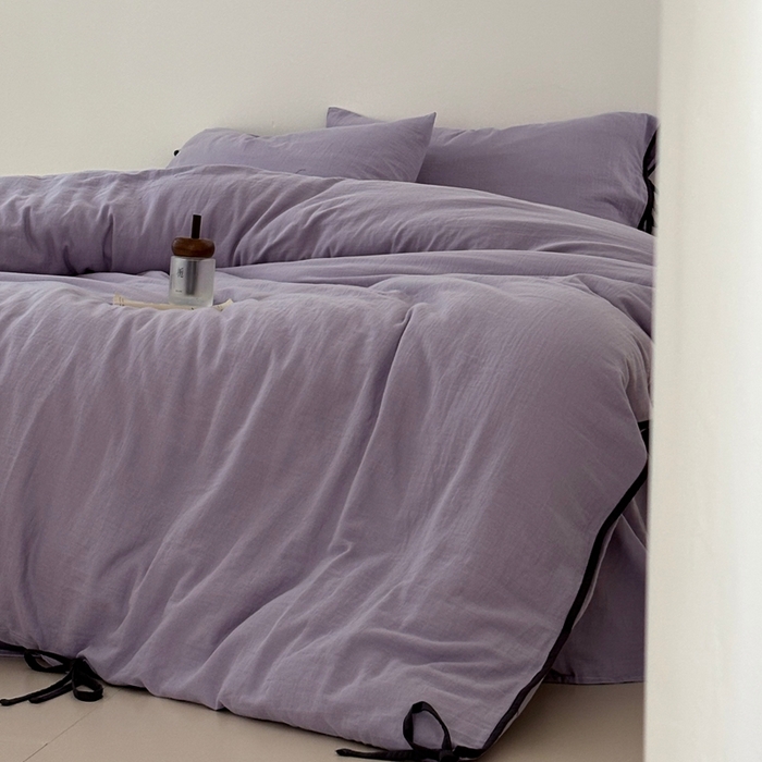 91家纺网 家纺一手货源 找家纺 FORTWO家纺原创设计（FOR TWO家纺） 2025新款双层纱撞色包边蝴蝶结款四件套-海盐 海盐-木槿紫