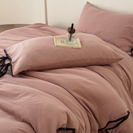 FORTWO家纺原创设计（FOR TWO家纺） 2025新款双层纱撞色包边蝴蝶结款四件套-海盐 海盐-红茶