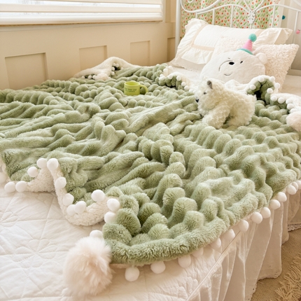 潮邦创意家居 2025新款宽条球毯大抽条配羊羔绒立体工艺绒毯毛毯盖毯 宽条球毯绿