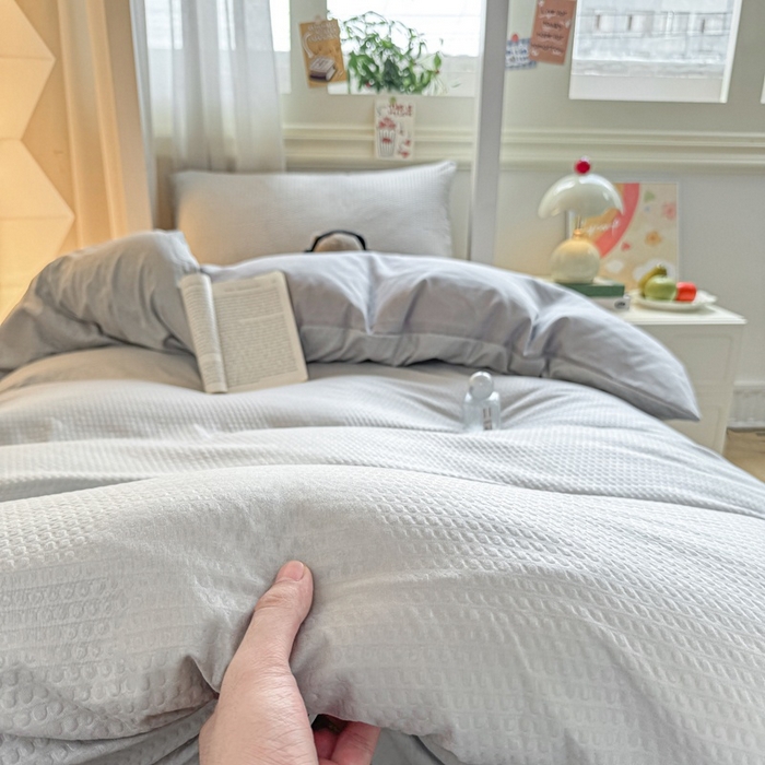 91家纺网 家纺一手货源 找家纺 麒东家纺 2025新款圆豆纱华夫格学生三件套 灰色