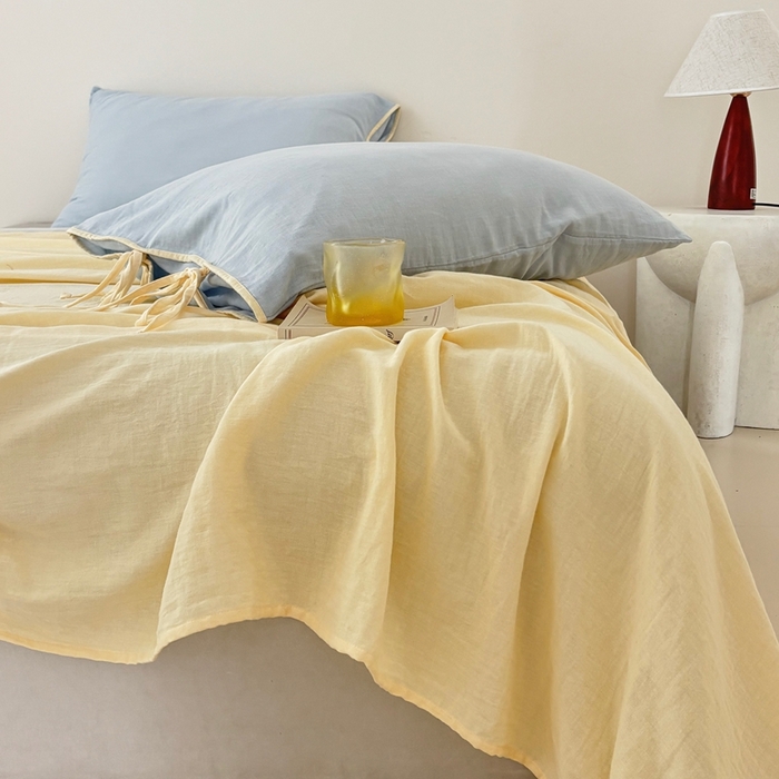 91家纺网 家纺一手货源 找家纺 （总）FORTWO家纺原创设计（FOR TWO家纺） 2025新款双层纱撞色包边蝴蝶结款四件套-海盐